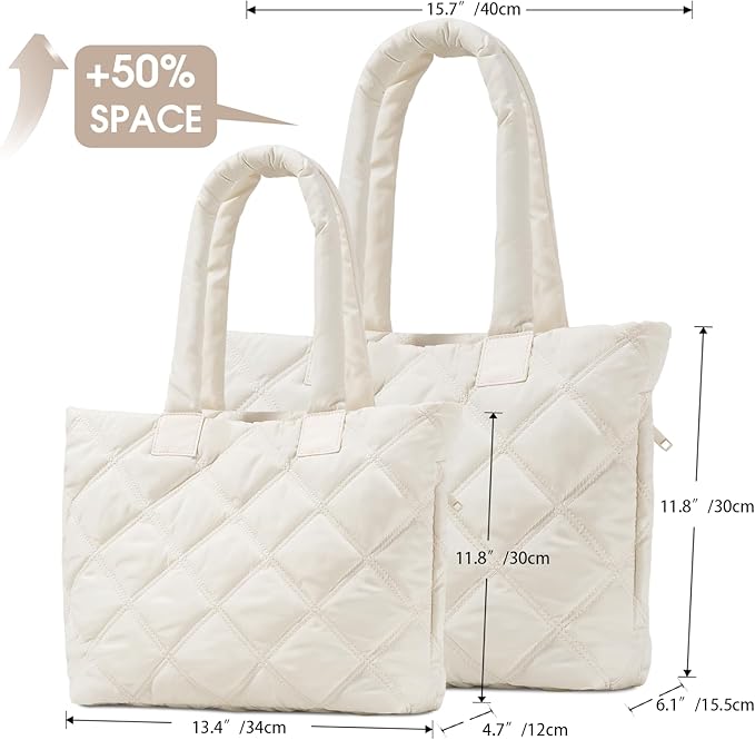 Puffer Tote Bag for Women, Quilted Bag with Zipper, Small Tote HandBags for Work, Travel