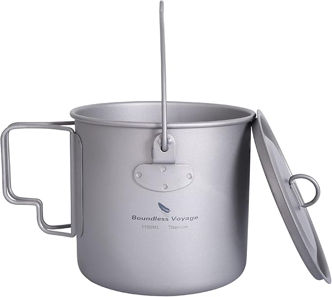 iBasingo 1100ml Titanium Mug Camping Cup Tea Coffee Water Pot with Lid Ultralight Outdoor Travel Tableware with Foldable Handle Picnic Backpacking Trekking Portable Drinkware Survival Gear Ti3041D