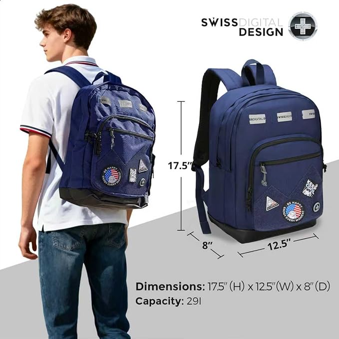 Swissdigital Design Big Student Laptop Backpack with Fun Personalized Patches For College Men & Women, Middle High School Teen Bookbag Cool Travel Daypack Blue -Includes 3 Patches | SD1718-12