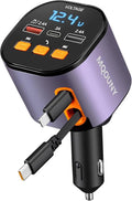 Retractable Car Charger,5 in 1 Fast Cars Phone Charger 90W,Bluetooth 5.3 FM Transmitter Adapter,Handsfree Call,2 Retractable Cables and USB Chargers for iPhone17/ 16/15/14/13/Samsung
