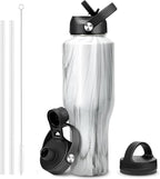 HYDROWION 40 oz Insulated Water Bottle with Straw fit in Car Cup Holder(Cold 48 hrs, Hot 24 hrs) Drinking Bottle with Straw Lid, Spout Lid and Flex Cap Leakproof Travel Thermo Mug，Marbling