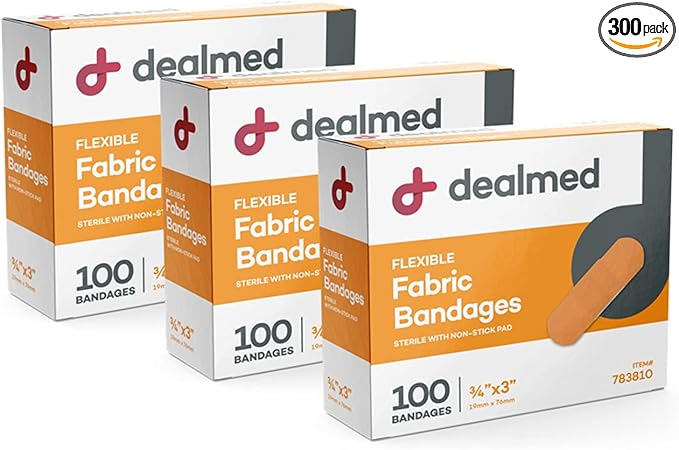 Dealmed Fabric Flexible Adhesive Bandages – 100 Count (3 Pack) Bandages with Non-Stick Pad, Latex Free, Wound Care for First Aid Kit, 3" x 3/4"