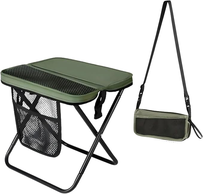 16" Portable Collapsible Stool - Folding Chair with Storage Pouch, Convertible Satchel for Hands-Free Carry & Supports 300Lbs, Ultralight for Hiking, Fishing, Camping, Festivals (Green, Large)