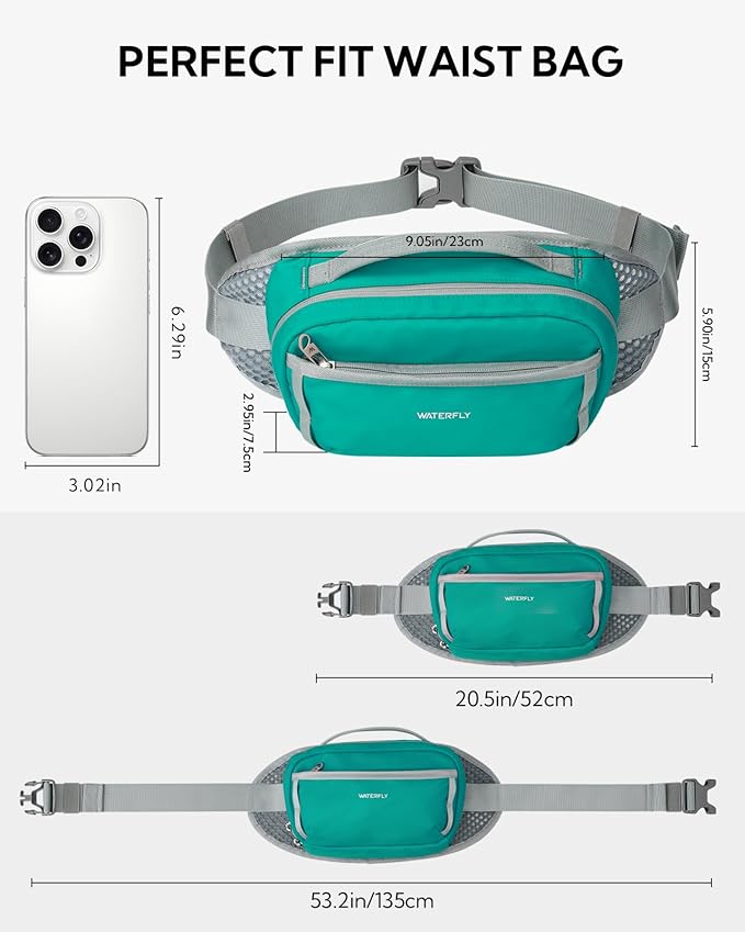 WATERFLY Fanny Pack Waist Bag: Large RFID Blocking Crossbody Bags with Multi-Pockets, Breathable Casual Anti-Theft Hip Pouch for Women Men Traveling Walking Hiking-Cyan