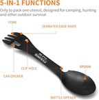 PSKOOK 5-in-1 Utility Tactical Spork, 2-Pack Stainless Steel Spoon & Bottle Opener, Fork & Knife, Can Opener Combo Camping Utensil for Hiking, Camping or Backpacking (Black & Matte Silver)