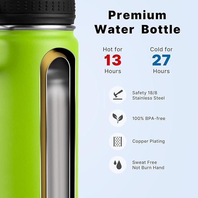 koodee Insulated Water Bottle, 32 oz Stainless Steel Double Wall Vacuum Wide Mouth Sport Bottle with Leakproof Spout Lid (Apple Green)