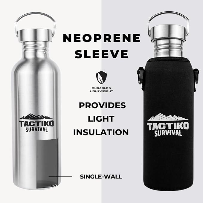 Tactiko Survival Stainless Steel Wide Mouth Water Bottle, Single Wall Boil-Safe, Leakproof, BPA-Free with Carry Sleeve and Strap for Camping, Hiking, Outdoor Prep (Black, 25 oz / 750 ml)
