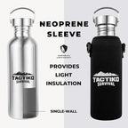Tactiko Survival Stainless Steel Wide Mouth Water Bottle, Single Wall Boil-Safe, Leakproof, BPA-Free with Carry Sleeve and Strap for Camping, Hiking, Outdoor Prep (Black, 25 oz / 750 ml)