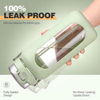 BLUEGO 64oz Water Bottle Glass with Stainless Steel Handle Large Water Bottle with Time Markers and Silicone Sleeve Half Gallon Water Jug BPA Free for Gym Daily Use, Light Green