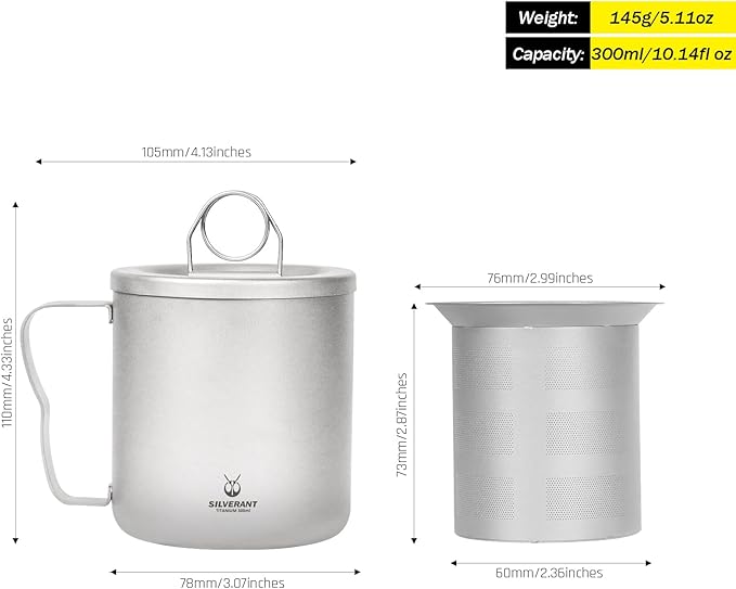 Camping Mug Titanium Double Wall Coffee Tea Cup with Inner Filter with Classic Handle