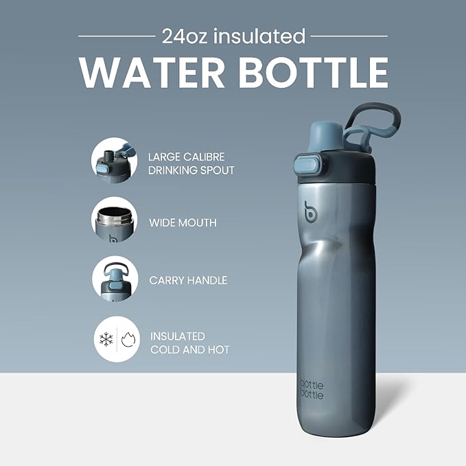 BOTTLE BOTTLE Insulated Water Bottle 24 oz with Handle and Flip Tops Lids Stainless Steel Water Bottle Push Button Lid Leak proof Portable for Running Travel Sports Hiking blue