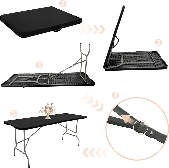 Set of 2 Folding Table 5 FT Camping Table Portable Heavy Duty Plastic Rectangular Outdoor Dining Table Steel Legs Fold-in-Half with Carrying Handle for Indoor,Picnic,Party,Wedding,Events(Black)