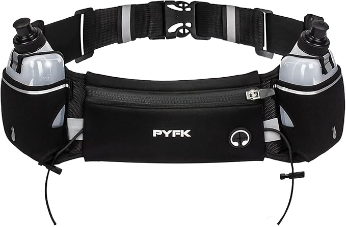 PYFK Upgraded Running Belt with Water Bottles, Hydration Belt for Men and Women, Water Bottle Holder Running Pouch Belt, Fanny Pack Fits 7 inches Phones, Waist pack for Running Hiking Climbing