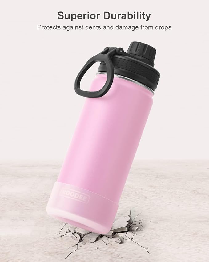 koodee Insulated Water Bottle, 32 oz Stainless Steel Double Wall Vacuum Wide Mouth Sport Bottle with Leakproof Spout Lid (Pink)