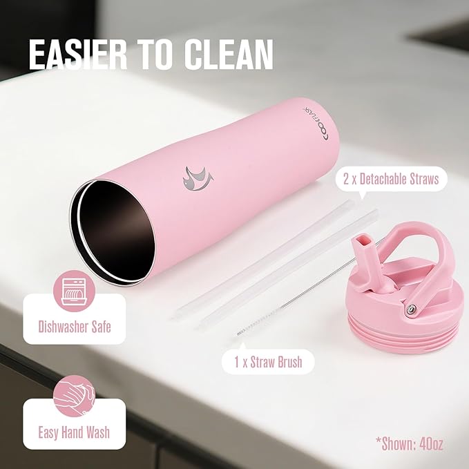 Coolflask Water Bottle 32 oz Fits Car Cup Holder, Slim Tumbler Stainless Steel with Straw & Handle, Vacuum Flask Leakproof Wide Mouth for Travel Sports Gym, Pink