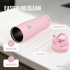 Coolflask Water Bottle 32 oz Fits Car Cup Holder, Slim Tumbler Stainless Steel with Straw & Handle, Vacuum Flask Leakproof Wide Mouth for Travel Sports Gym, Pink