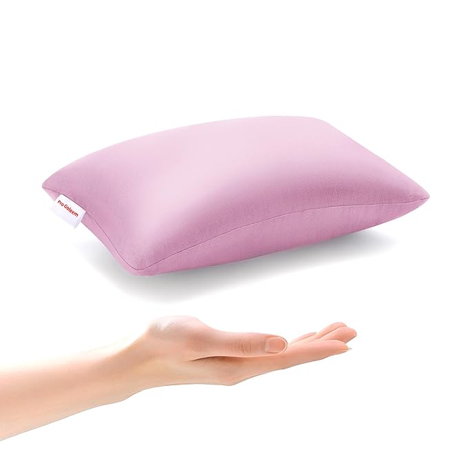 Pro Goleem Small Pillow 11’’x6’’x2.5’’ for Camping and Traveling with Name Tag Mini Tiny Pillow for Toddler Sleeping and Chair Car Air Nap Neck Lumbar Knee Rest Pillows, Pink