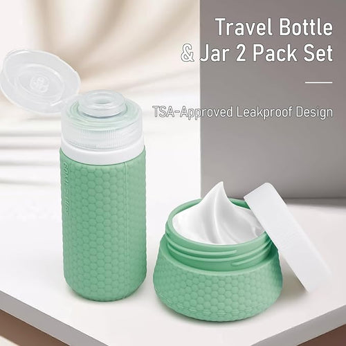 2 oz Travel Bottle Silicone Small Liquid Travel Containers 2 Pack Leak Proof TSA Approved Bottles On The Go Size Traveling Kit for Toiletries Shampoo Body Wash Skincare Lotion Women Men Leather Green