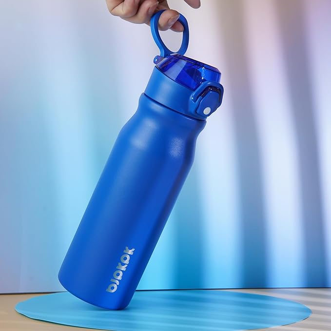 BJPKPK 25oz Insulated Water Bottle With Straw Stainless Steel Double Wall Water Bottles BPA Free Leak Proof Thermo With Lockable Flip Lid And Soft Silicone Spout,Blue