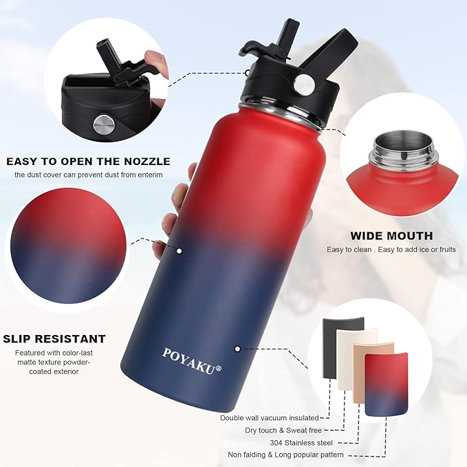 Water Bottle Insulated 32oz 40oz 64oz 128oz Straw Lid Spout Lid & 3 Lids, Leak Proof, Vacuum Insulated,Stainless Steel Water Bottle Wide Mouth for Sports, Gym or Office