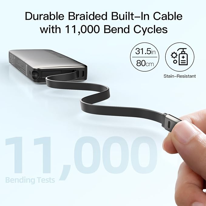 45W Power Bank, Portable Charger Built-in Retractable Cables with LED Display, 10000mAh 2 USB-C Fast Charging Powerbank for iPhone 16/15 Series, MacBook, and More