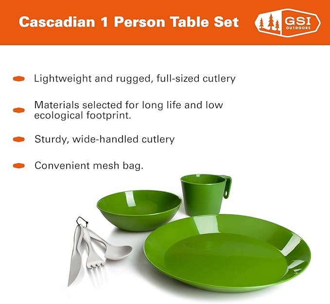 GSI Outdoors Cascadian 1 Person Table Set I 6-Piece Camping, Backpacking Mess Kit, Plastic BPA Free, Plate, Bowl, Mug, Cup & Cutlery Set