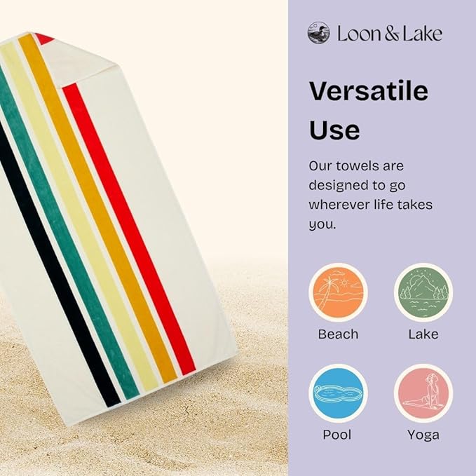 Loon & Lake Luxury Beach Towels Set of 2 - Retro Stripes | 2 Pack 30" x 60" | Crafted from 100% Combed Cotton | Ultra Plush & Super Soft | Retro Collection 1969