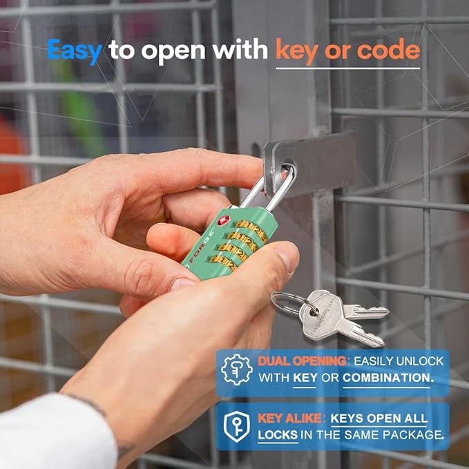 Forge Dual-Opening: Key or Combination Access Lock, TSA Approved Locks for Luggage, Pelican case, Travel, Gym, School, Stainless Steel Shackle. (Green, 4 Pk)