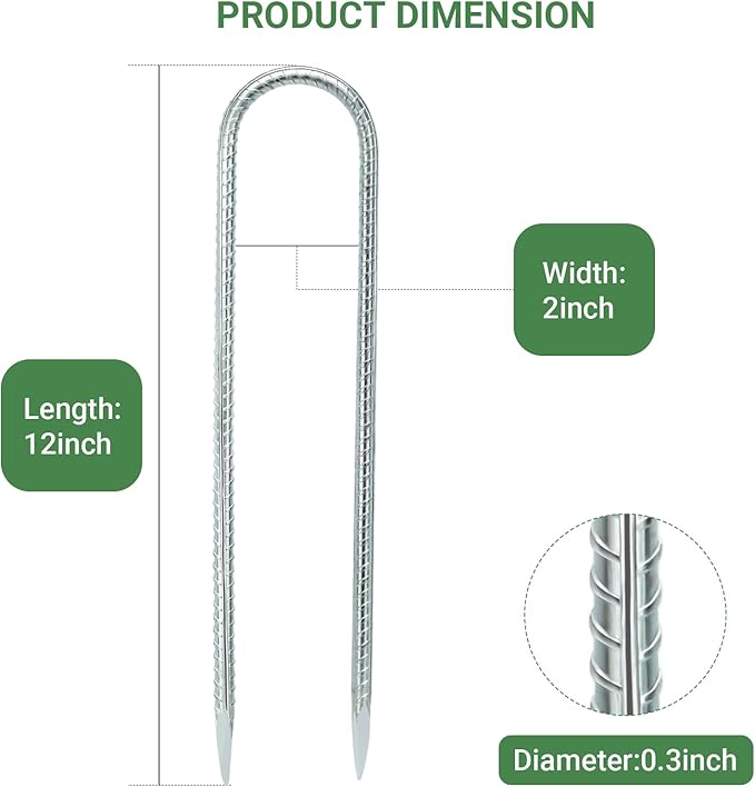 12 INCH 12 Pack Trampoline Stakes, U Shaped Ground Anchors Wind Stakes, Heavy Duty Trampoline Parts, Steel Stakes for Trampolines, Outdoor Canopies, Camping Tents and Football Goals, Silver