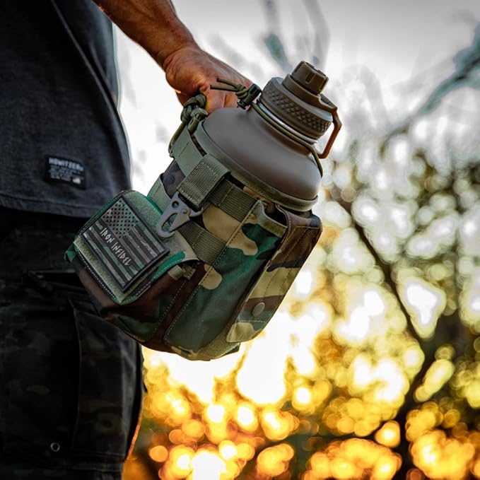 Iron Infidel Battle Bottle - Half Gallon Water Bottle Insulated, 64 oz Stainless Steel Water Jug with Handle- Gym Water Bottle for Men with Rugged Sleeve for Storage (Woodland 2 Liter)