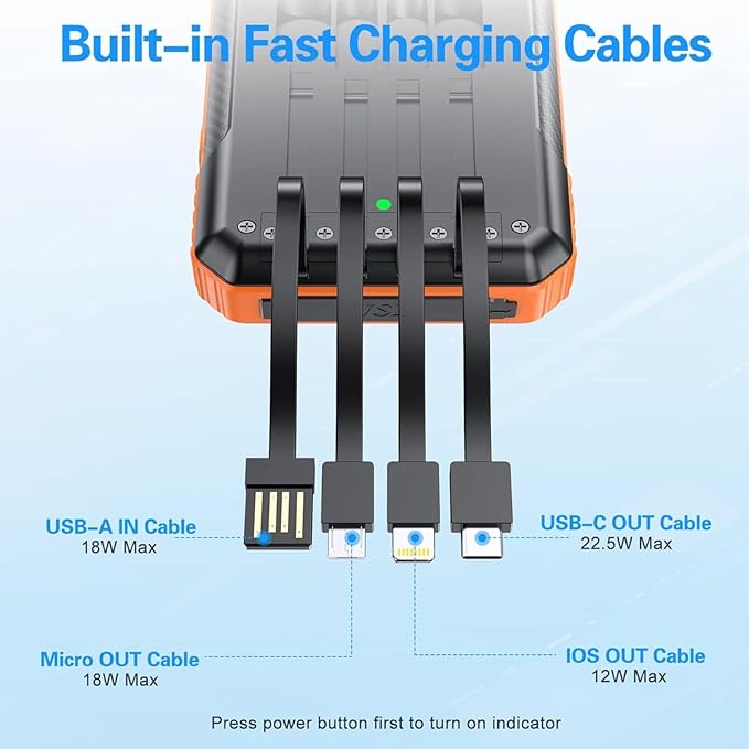 Power Bank Wireless Charger 52800mAh Built in 4 Cables 7 Outputs 22.5W Fast Charging Power Bank for All Mobile Devices 4Inputs Solar Portable Charger with Dual Flashlights (Orange)