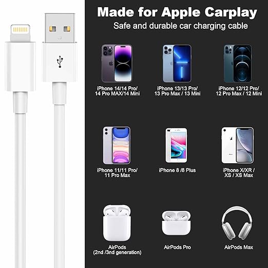 Car Apple Carplay Cable，USB A to Lightning Cable 6FT Compatible with iPhone 14 13 12 11 Pro Max XR XS X Charger Cord，Car Charging Cord（White）