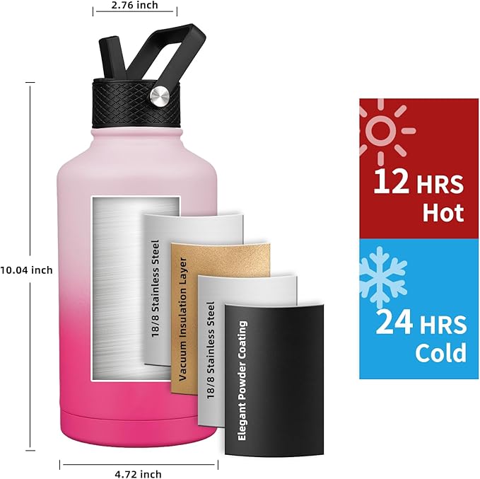 Insulated Water Bottle 64oz,Triple Wall Vacuum Stainless Steel(Dishwasher Safe),Leak Proof & Non-BPA,Flask Jug with Paracord Handle & Straw Spout Lids Sports Sakura