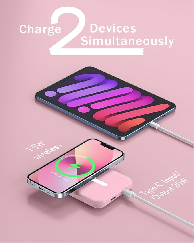 podoru for Magsafe Battery Pack, 5000mAh Magnetic Power Bank with Type-C Cable 20W PD Fast Charging Lighting Input Wireless Portable Charger for iPhone 17/16/15/14/13/12/ All Series-Pink