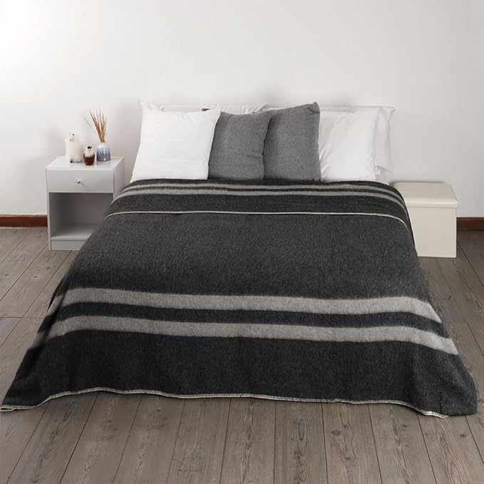 Thick Alpaca Wool Blanket Heavyweight for Camping Outdoors or Using Indoors | Soft Peruvian Alpaca Wool Blankets (Dark Gray -Soft Gray Stripes, Queen)
