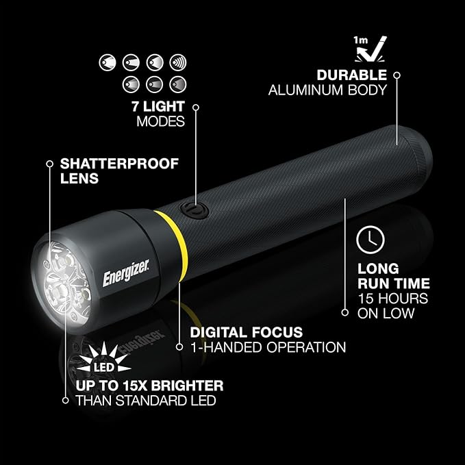 Energizer LED Flashlight Vision PRO, Ultra Bright 1000+ Lumens, IPX4 Water Resistant, Aircraft-Grade Aluminum LED Light, Rugged Metal Flash Light for Outdoors, Emergency Power Outage, Black