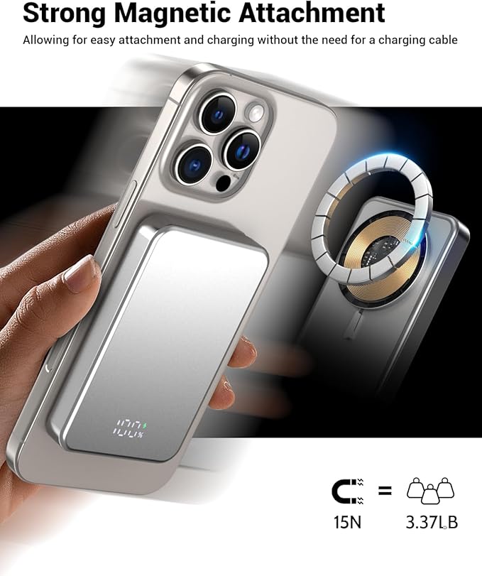 for Magsafe Portable Charger, Aluminum Alloy Small 10000mAh 20W PD Magnetic Power Bank, USB-C in&Out Wireless Battery Pack Phone Charger for iPhone 17/16/15/14/13/12 Plus Pro Max Series -Silvery