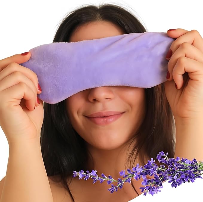 Weighted Lavender Eye Mask - Microwavable Sleep Mask with Natural Lavender & Flaxseed for Stress Relief, Headaches, Dry Eyes, Migraine Relief - Adjustable Strap, Soft & Reusable