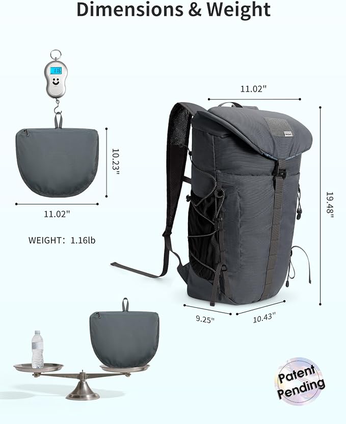 Blue Quartz Hiking Backpack 30L Lightweight Packable Backpack for Travel, Water Resistant Foldable Daypack for Women Men, Gray