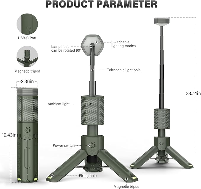 Telescopic Camping Light - 10500mAh Rechargeable Camping Lantern with Storage Bag, Dimmable Magnetic Tent Lamp, Waterproof Camping Lights Outdoor Emergency Lights for Home Power Outage, Hiking -Green