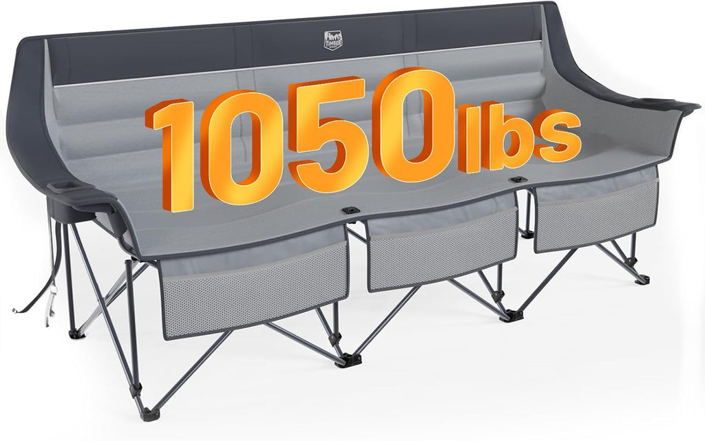 TIMBER RIDGE Padded 3 Person Camping Chair Supports to 1050lbs, Portable Camp Couch Double Camping Chairs, Outdoor Oversized Folding Loveseat Perfect for Campsites, Patio/Lawn, Soccer Games, Grey