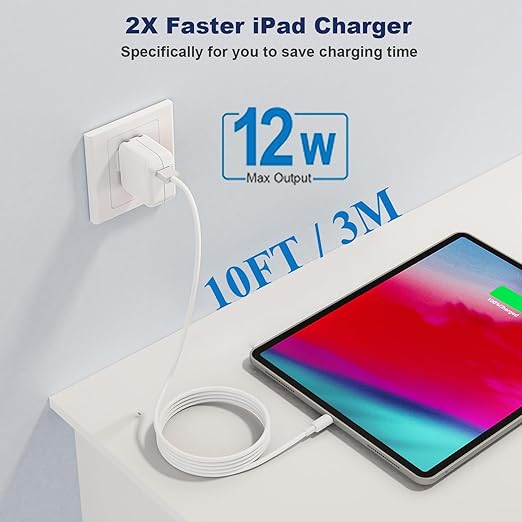 2Pack iPad Charger, 10FT Fast Charger iPad Cord with 12W USB Wall Charger Block Foldable Portable Apple Adapter Plug Lightning Cable Compatible with iPad4/5/6/7/8/9,iPadMini 1/2/3/4/5,iPadAir 1/2/3