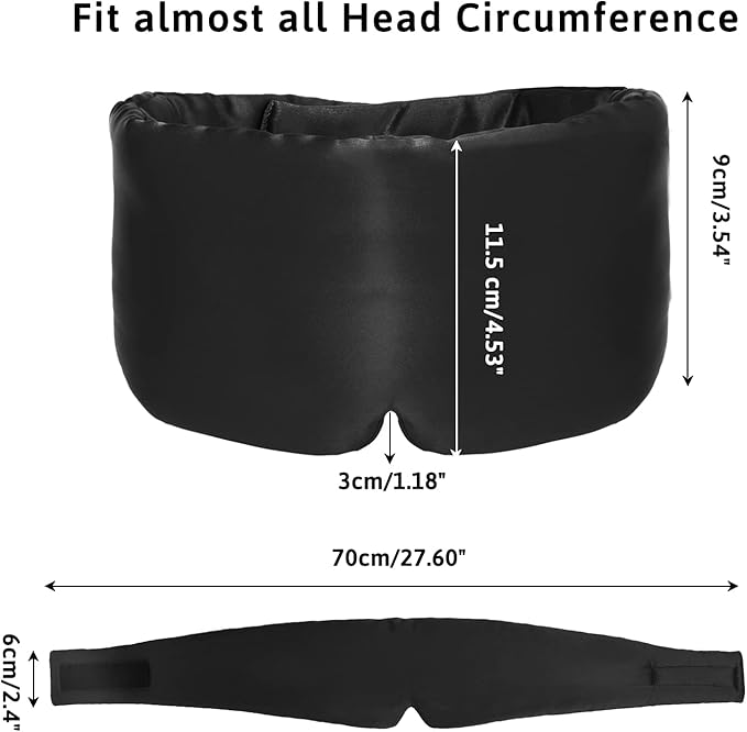 Silk Sleep Mask for Women Men, Mulberry Silk Eye Sleeping Mask & Blindfold with Adjustable Velcro Strap, Blackout Eye Cover for Sleep Travel Yoga Nap, Large Size, Black