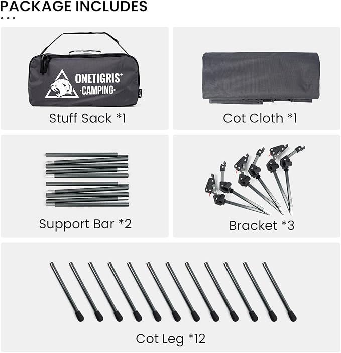 ONETIGRIS SUPRANUBIS Camping Cot, Height Adjustable with Cot Leg Extenders, Strong Support 330lbs, Lightweight Comfortable Folding Bed for Camping, Hiking, Travel, Truck, Beach, Office Nap