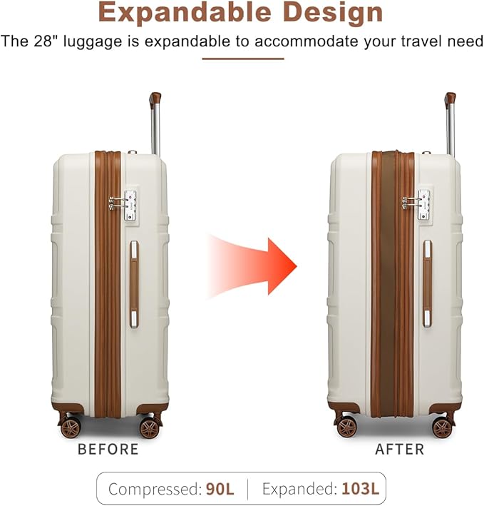 Kono Suitcase Set 3 Piece Luggage Set Expandable(only 28") Carry On Hardside Luggage with TSA Lock Spinner Wheels (Cream White, 6 piece set)