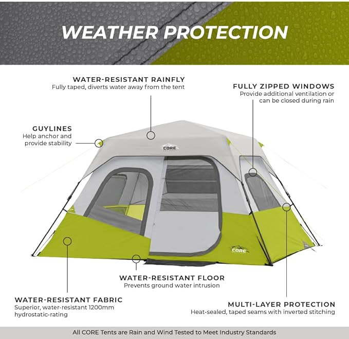 CORE Instant Cabin Tents | 6 Person / 9 Person / 10 Person / 12 Person Family Cabin Multi Room Pop Up Tents Car Camping | Included Storage Pockets for Camping Accessories