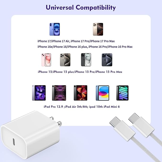 [3 Pack]Long 10FT iPhone 17 16e 15 Charger 20W Fast Wall Charger Block,10Foot USB C to C Braided Woven Cable Fast Charging for iPhone 17 Air/17 Pro/16 Pro/16 Pro Max/16 Plus/15/15 Plus/15 Pro Max/iPad