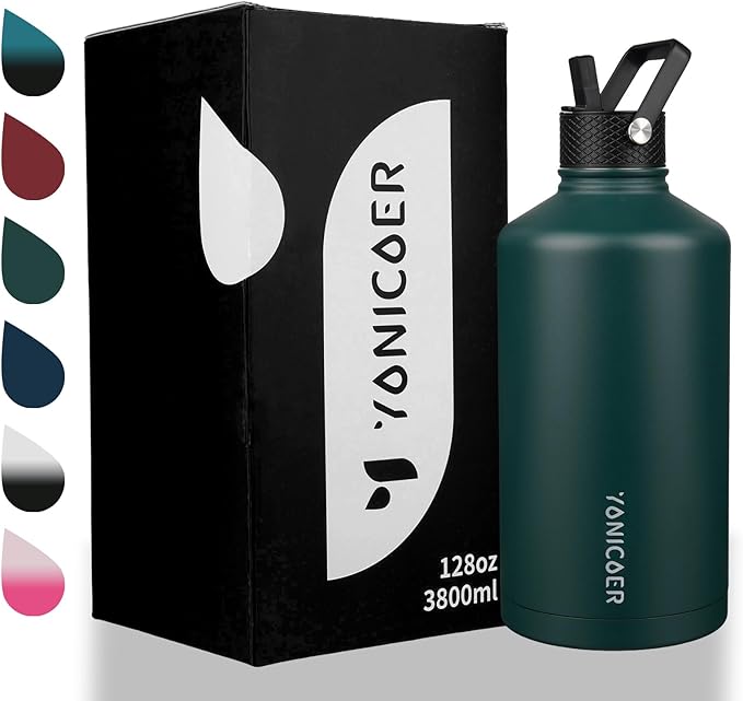 Insulated Water Bottle 128oz,Triple Wall Vacuum Stainless Steel(Dishwasher Safe),Leak Proof & Non-BPA,Flask Jug with Paracord Handle & Straw Spout Lids Sports Green