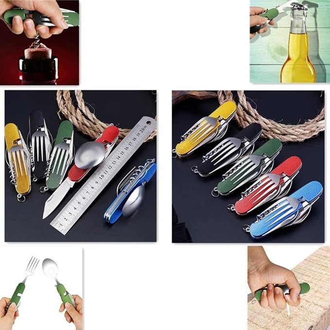 6-in-1 Multi-Function Camping Utensil Flatware Set Detachable Spoon Fork Knife Combo Mess Kit with Carrying Pouch(Black + Blue + Red)