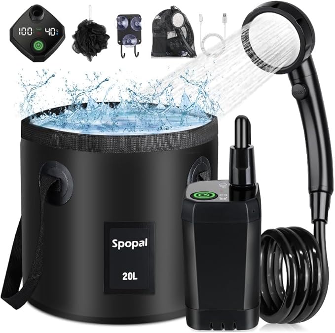Portable Shower for Camping, Rechargeable Camping Shower with Collapsible Bucket with Handle 20L Intelligent LED Display, 4 Spray Modes, Outdoor Shower Kit for Hiking, Travel, Car, Pet 【Black】